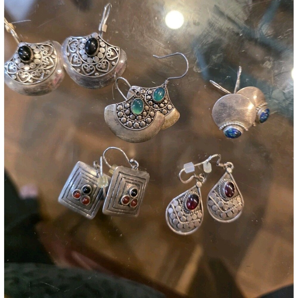 NATIVE Silver & Gemstone Earring Lot Vtg 5 Pair